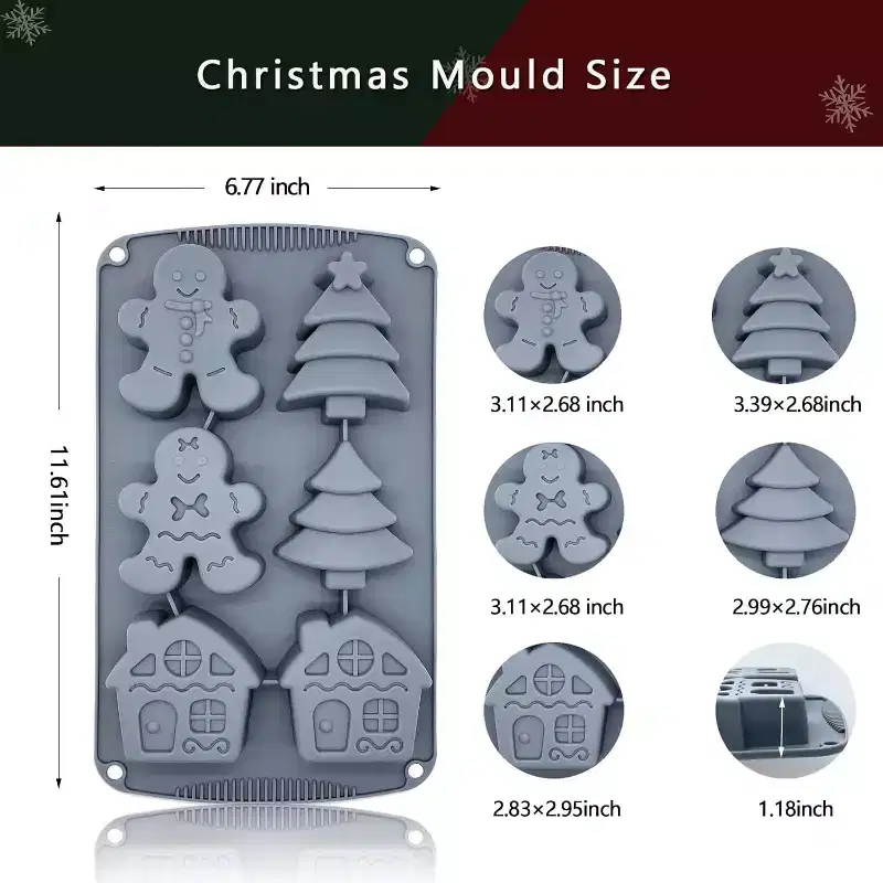 JDICTION Large Christmas Silicone Baking Mold - 3D Gingerbread Man/Christmas Tree/Candy House/Pine Tree Shapes, 1PC for Soap Chocolate Candle