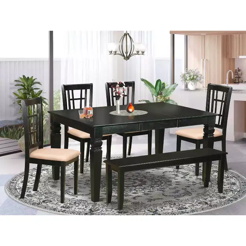 HomeStock 6-Piece Rectangle Black Finish Solid Wood Top dining Table with 1 Bench and 4 Chairs