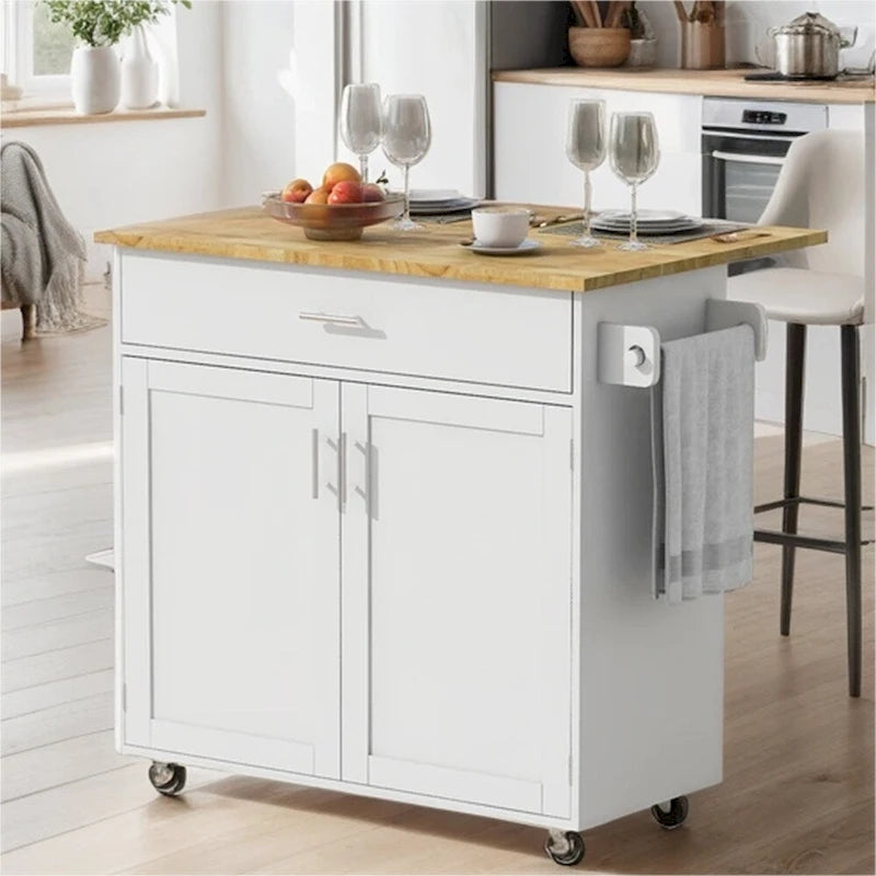 Rolling Kitchen Island Cart with Drop-Leaf Rubberwood Top Drawer Door Cabinet and Towel Rack
