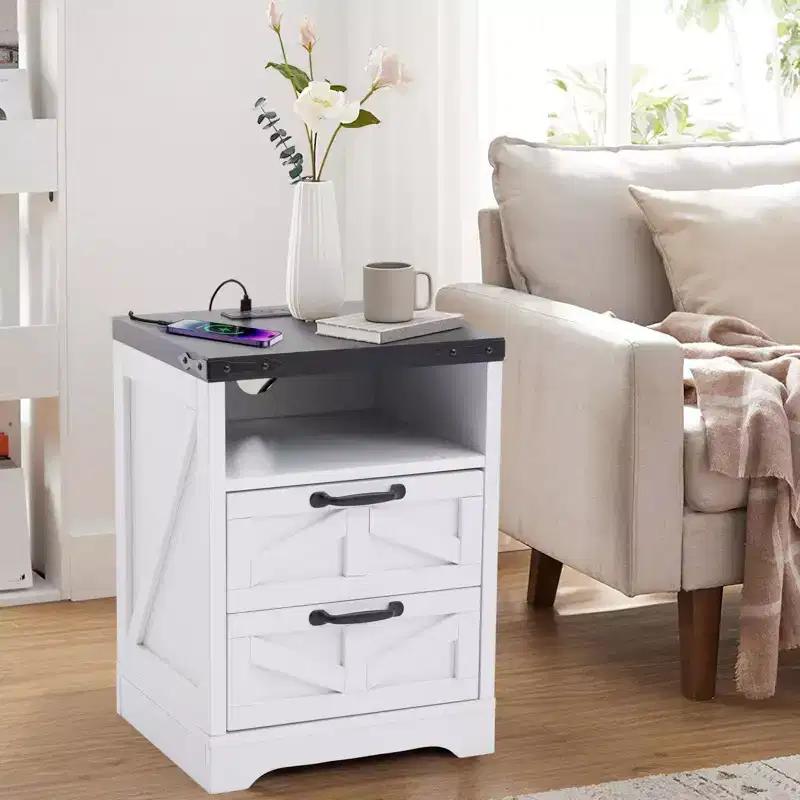Nightstand with Charging Station, 2 AC Outlets & 2 USB Ports, Industrial Bedside Table with 2 Drawers for Bedroom