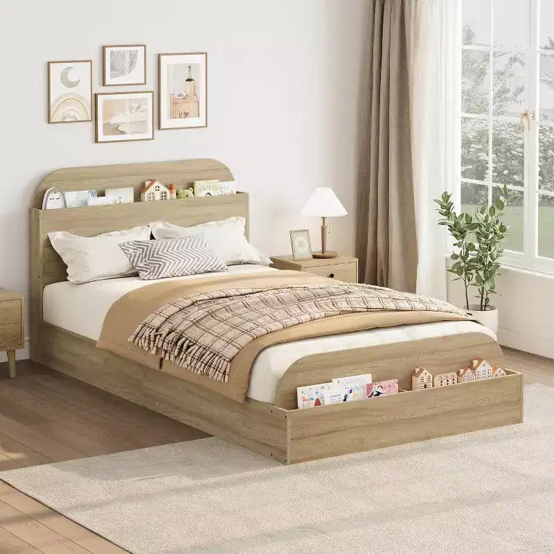 Platform Bed Frame with Storage Headboard and Raised Footboard