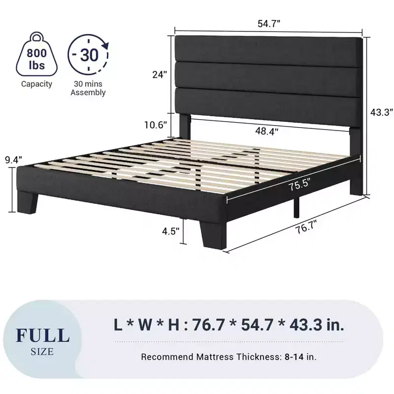 Bed Frame with Upholstered Headboard, Wooden Slats Support, Dark Grey Mattress Foundation