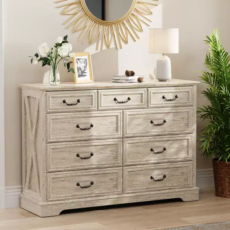 Dyonery rural-style drawer storage cabinet features drawers of different sizes for layered storage, suitable for both bedrooms and living rooms
