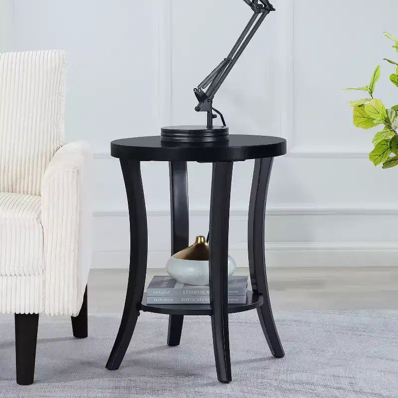 Round End Table with Two-Tier Shelf, Curved Legs, Veneer Finish
