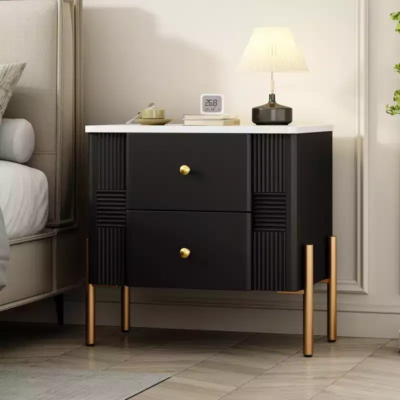 Modern Minimalist Nightstand with 2 Drawers, Golden Metal Handles & Legs, Textured Design