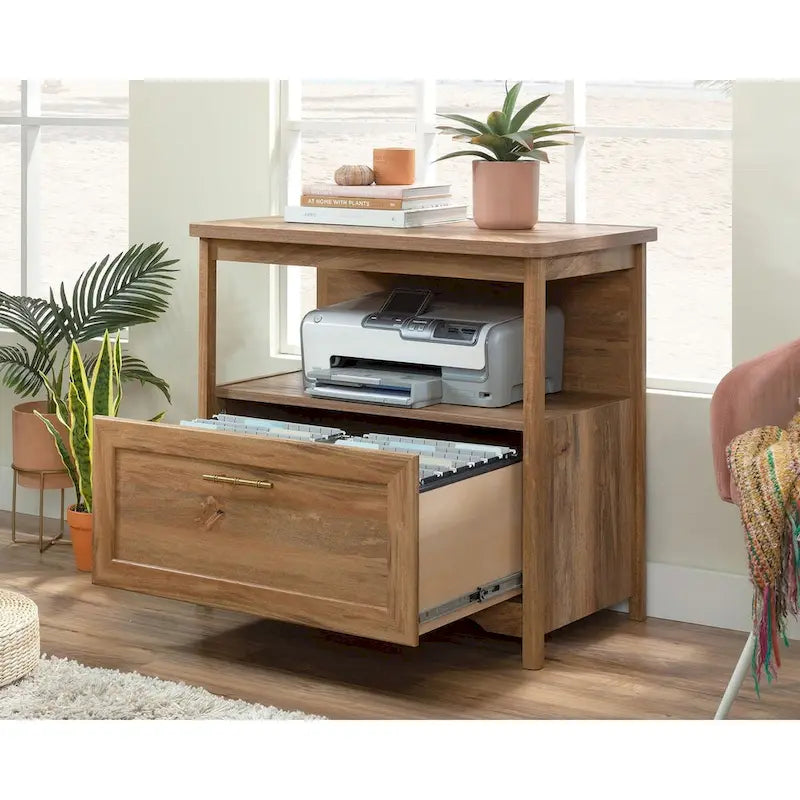 Lateral File Cabinet with Open Shelf and Herringbone Top