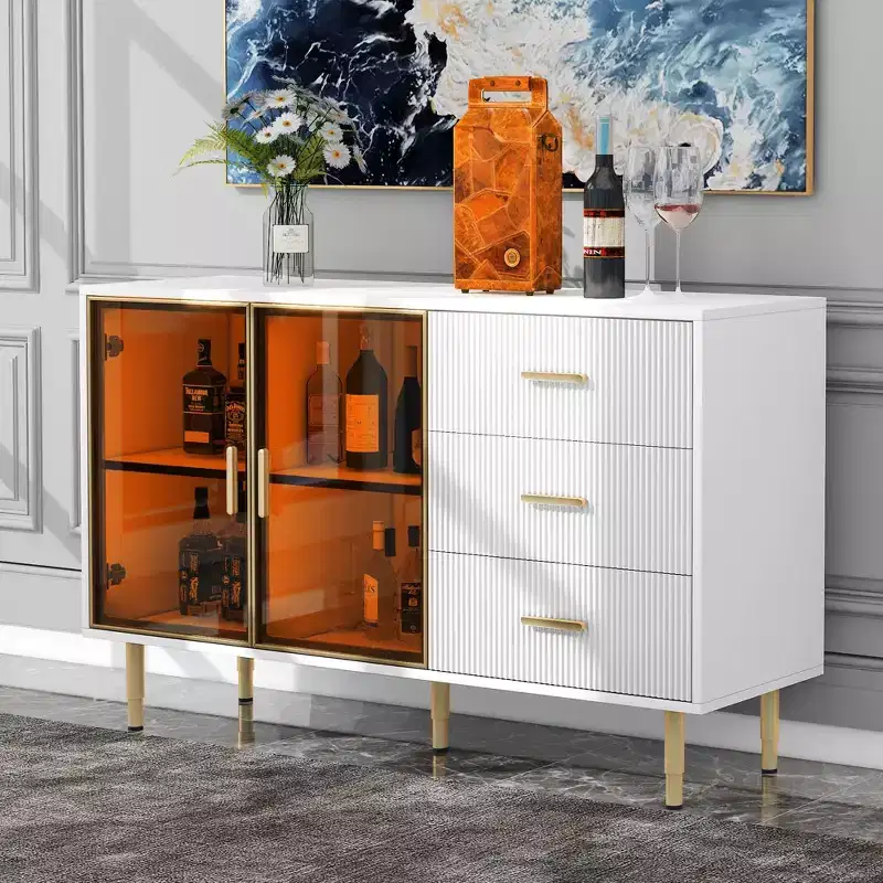Modern Sideboard Buffet Cabinet with Amber Tempered Glass Doors and Gold Metal Legs