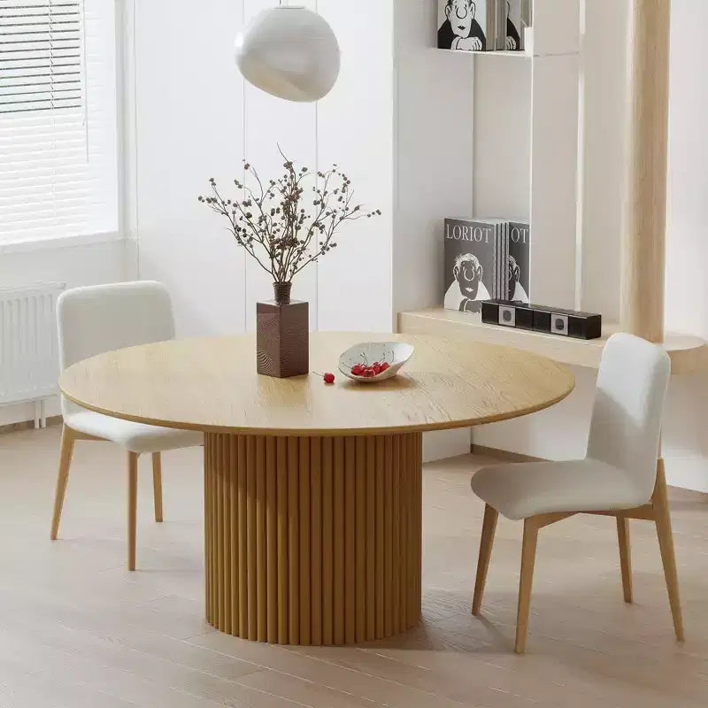 60 inch Wood Round Dining Table with Wood Strip Base, Modern Farmhouse Dinner Table for Kitchen Living Room, Natural