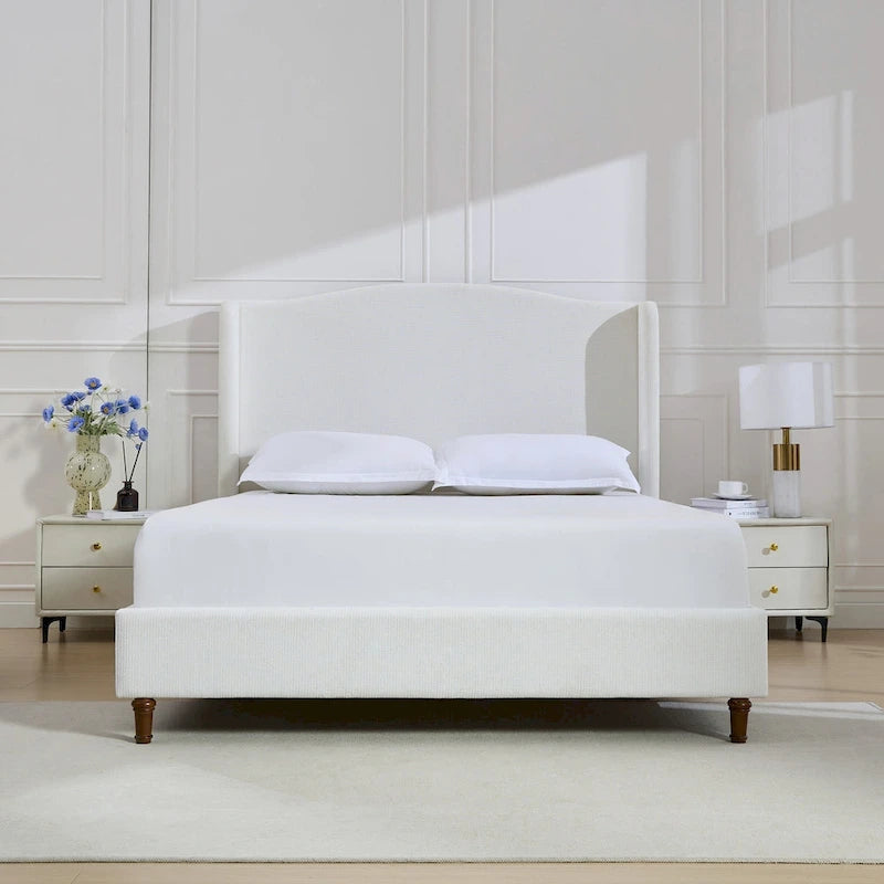 King Wingback Upholstered Bed | 54 Camelback Headboard | Cream Chenille | 1000 lb