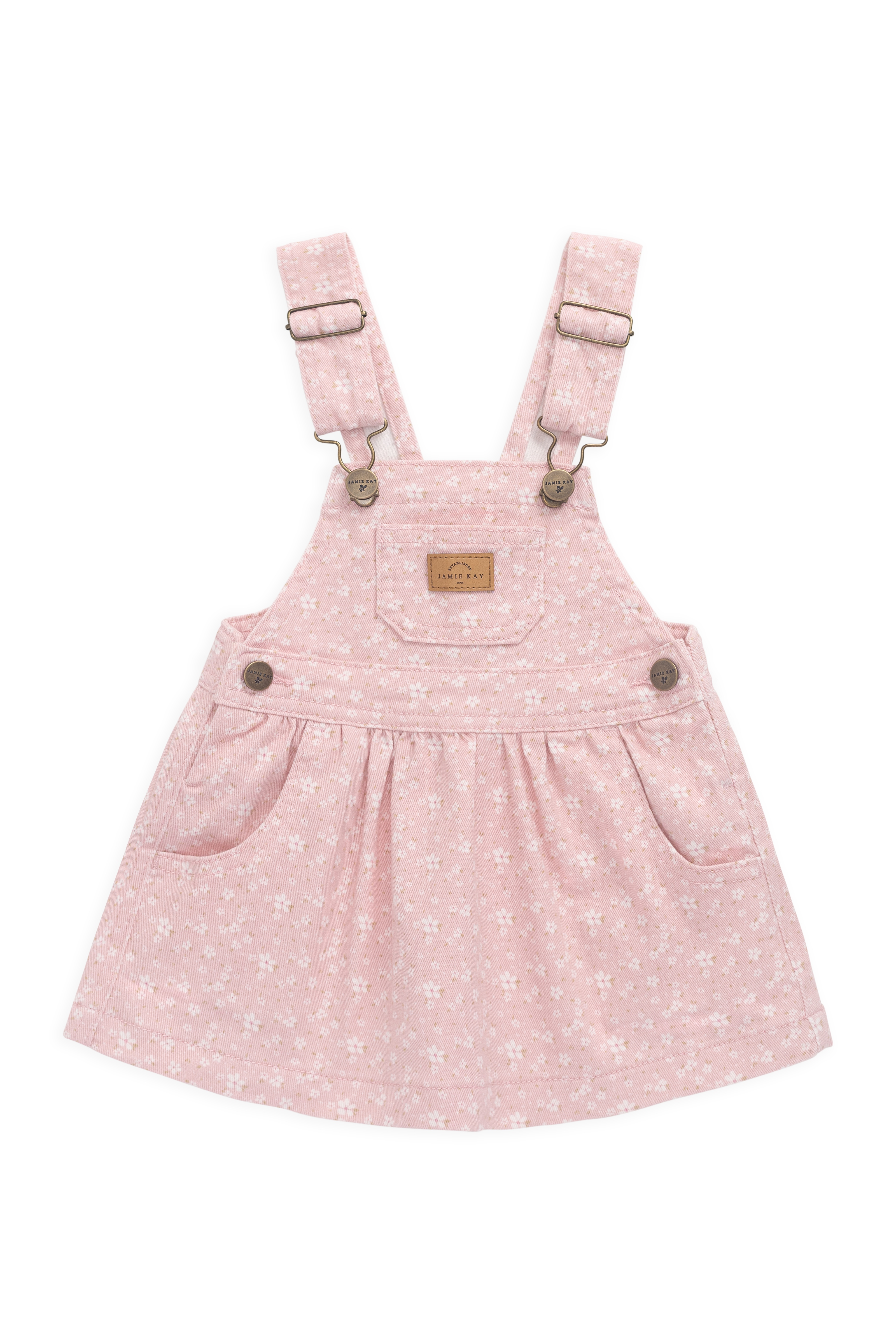 Vintage Powder Pink Embroidered Cotton-Elastane Overall Dress with Adjustable Straps & Front Bib Pocket for Girls Spring-Summer (6M�C8Y)