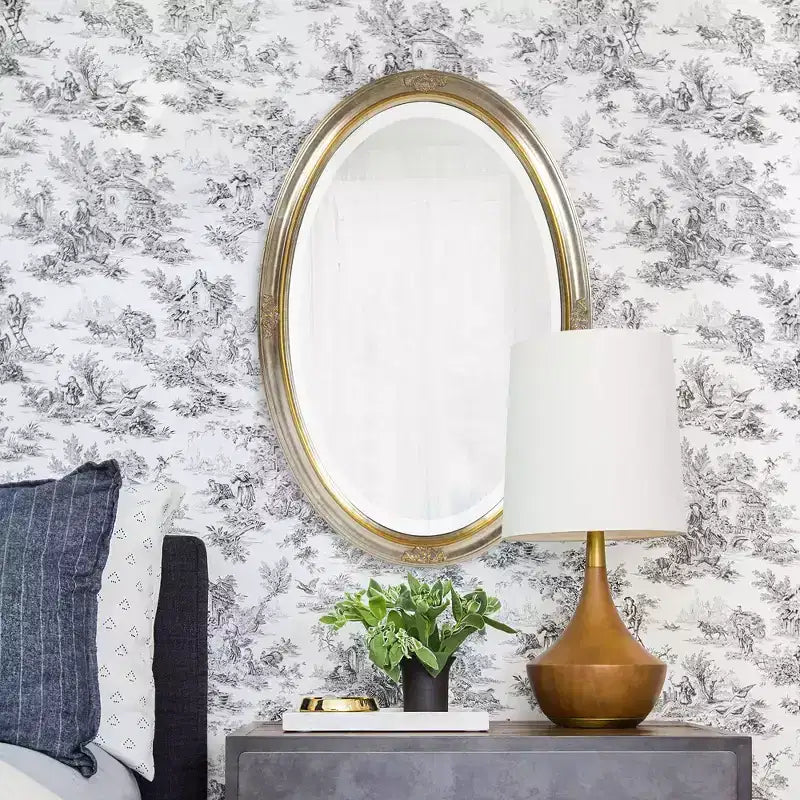 Oval Wall Mirror with Gold & Silver Wood Frame, Carved Scroll Detail, 31.5