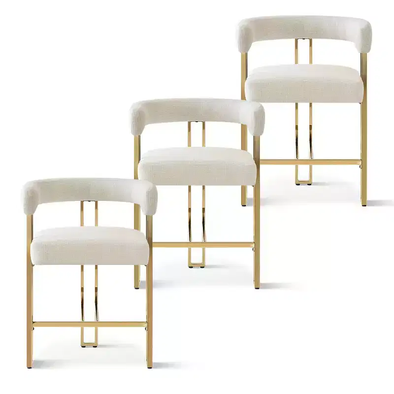 Set of 3 Counter Height Bar Stools with Backs and Arms, Modern Chenille Upholstered Kitchen Island Chairs with Gold Metal Legs - Panipeachy
