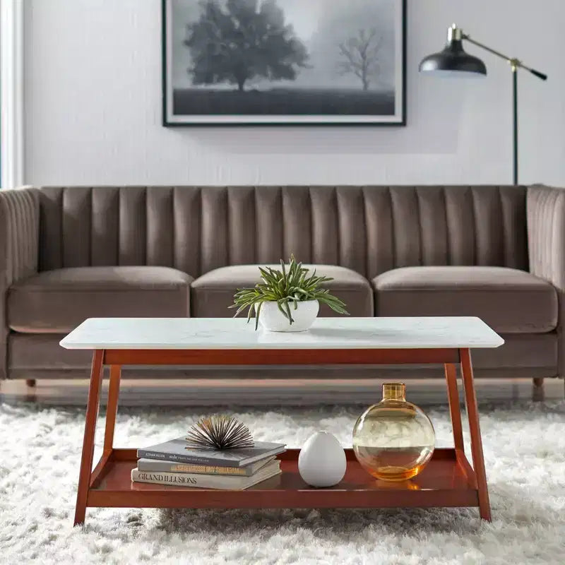 Buylateral Jhovies Coffee Table - Walnut: Faux Marble Top, Solid Wood Frame, Lower Storage Shelf