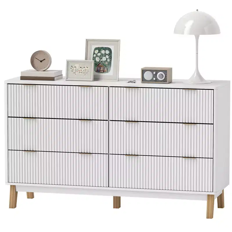6-Drawer Double Dresser with Fluted Fronts, Gold Finger Pulls & Five Wooden Legs, White, 54W