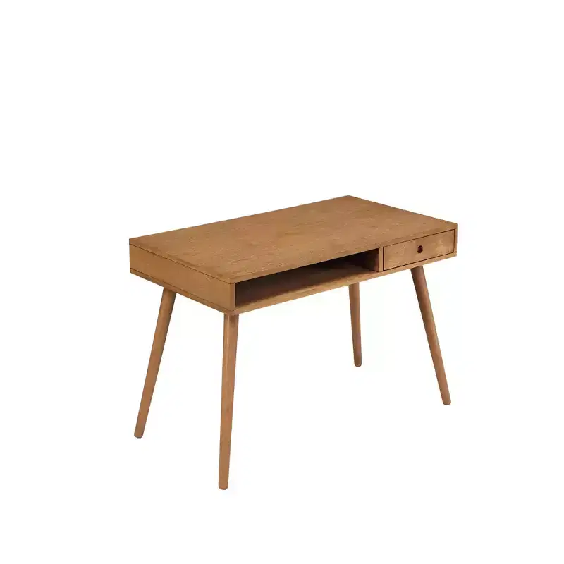 Mid-Century Desk with Drawer Acacia Light Brown: MDF Top, Solid Wood Legs, Home Office Furniture