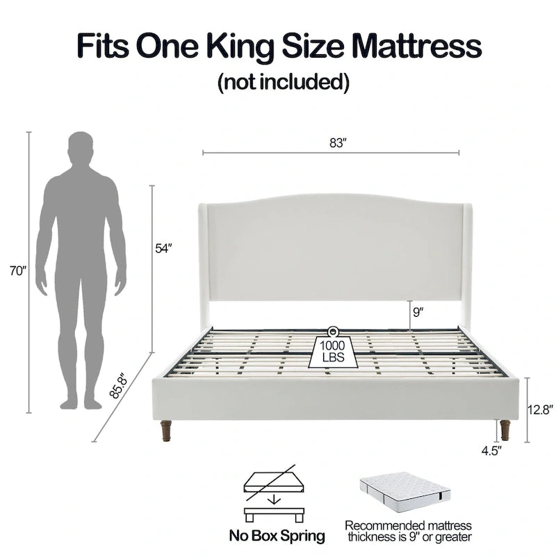 King Wingback Upholstered Bed | 54 Camelback Headboard | Cream Chenille | 1000 lb