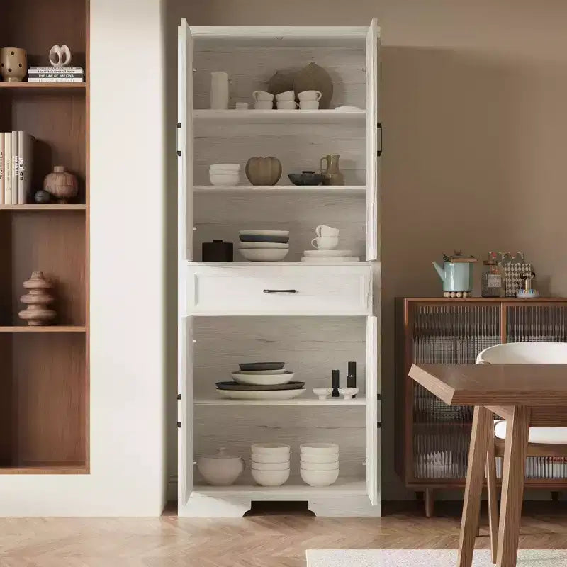 Hitow White Oak-Effect Kitchen Pantry Cabinet  Double-Door + Drawer Storage