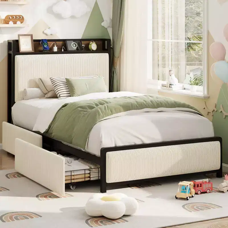 Twin Size Bed Frame with 2 Storage Drawers and Charging Station, Rustic Velvet Upholstered Platform Bedframe with Storage Headboard