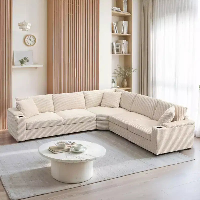 GDFStudio Daniel 106 Corduroy Convertible L Shaped Corner Sofa/Couch with Armrest Storage,Cup Holders