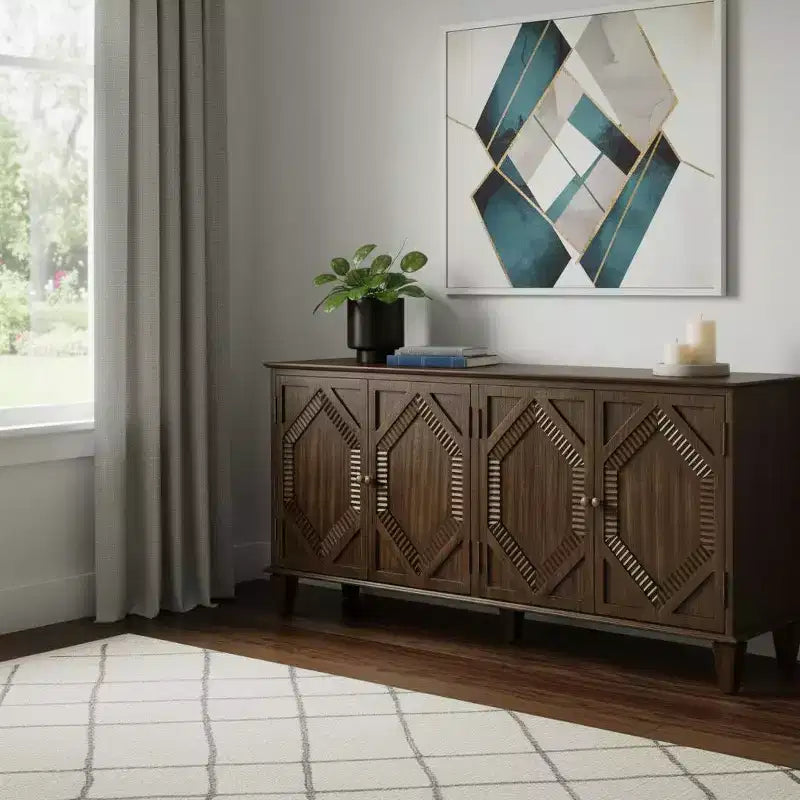 HomeRoots 66 Brown Wood Carved Geometric Accent Cabinet With Four Doors