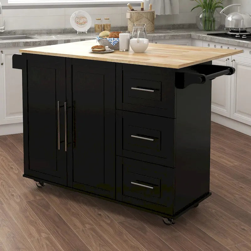 Rolling Kitchen Island Cart with Folding Top Drawers and Spice Rack