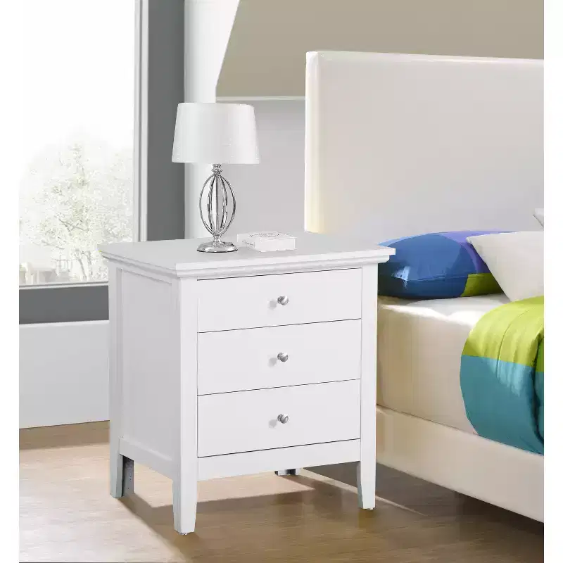 HomeStock White Nightstand 26x24x18 with Three Spacious Drawers, Compact Bedside Table for Bedroom Storage and Bright Stylish Accent