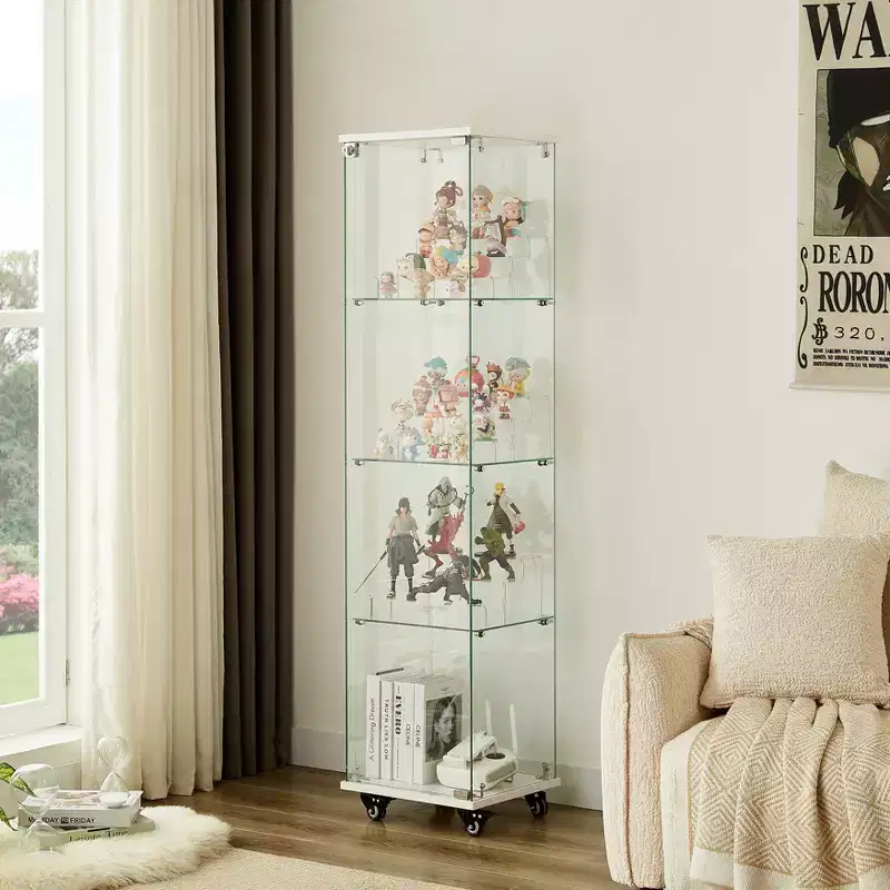 Okak Display Cabinet, 4 Tier Storage Cabinet with 1 Doors and Wheels, Freestanding Cabinet for Living Room, Hallway and Office