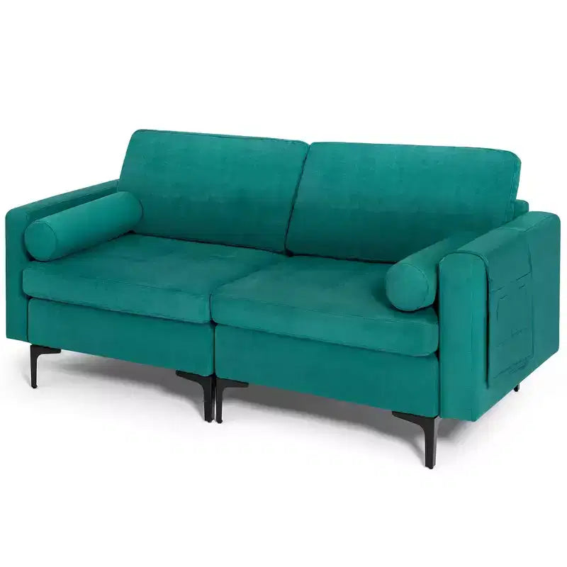 Modern Tufted Loveseat 2-Seat Sofa with 2 Bolsters and Side Storage Pocket - Teal