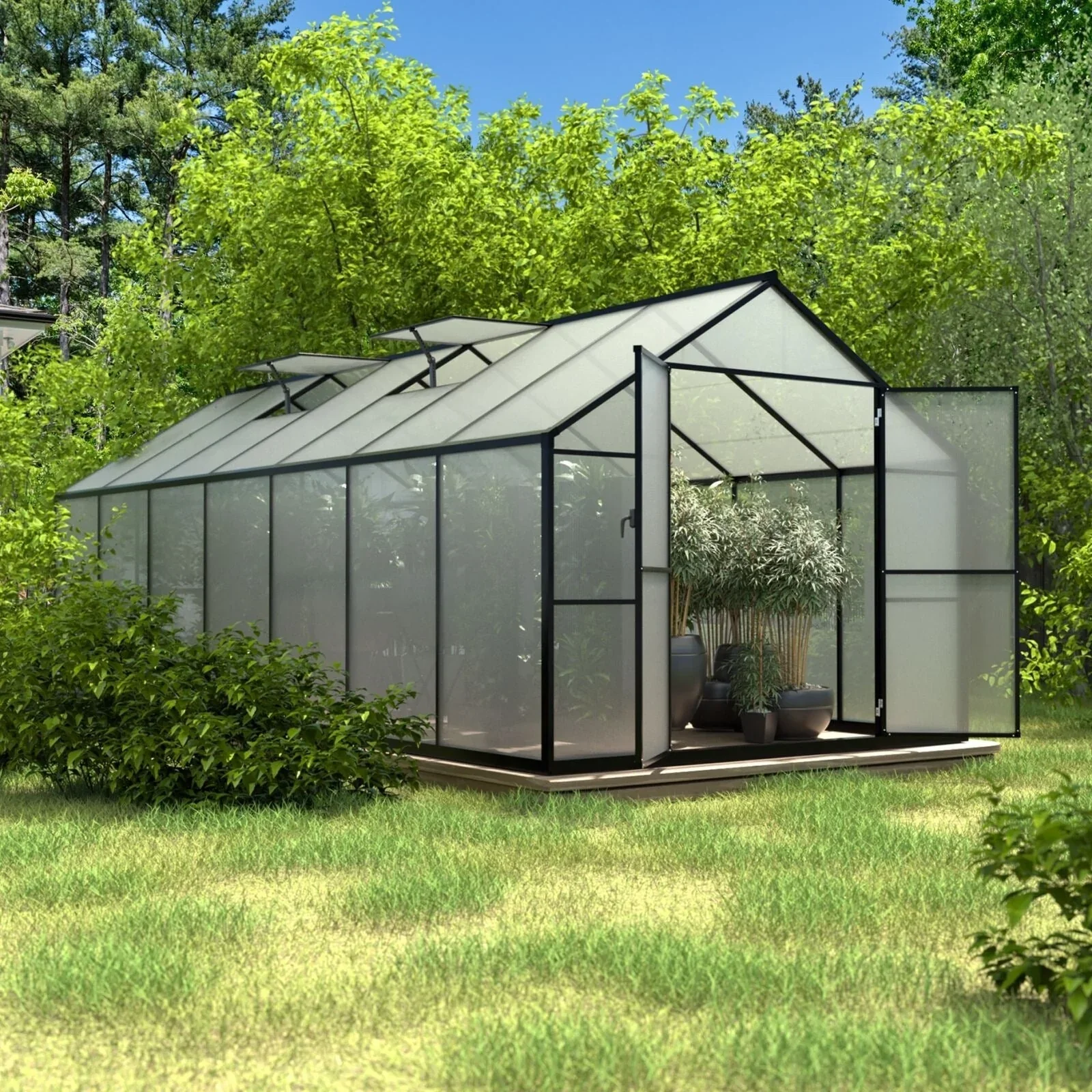 Serre de jardin VEIKOUS en aluminium, gris, avec aération de toit réglable et porte verrouillable.