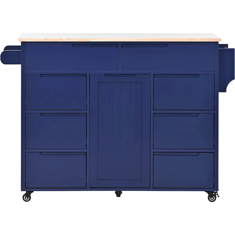 Rolling Kitchen Island Cart with 8 Handle-Free Drawers Rubberwood Top and Spice Rack