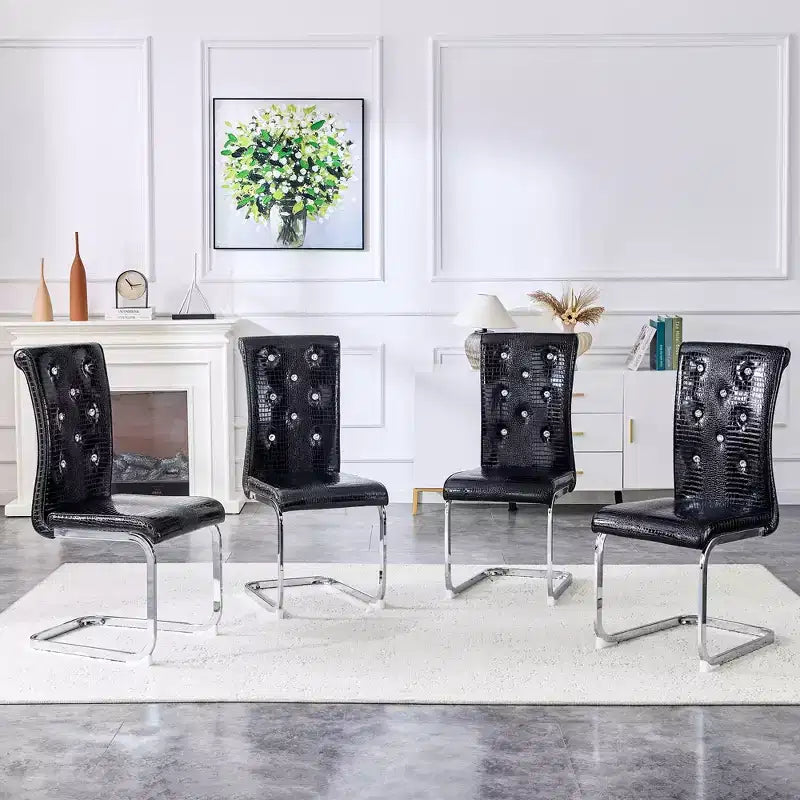 Set of 4 Retro Upholstered Dining Chairs with Alligator Skin Pattern and Crystal Buckle Details, Electroplated Metal Legs