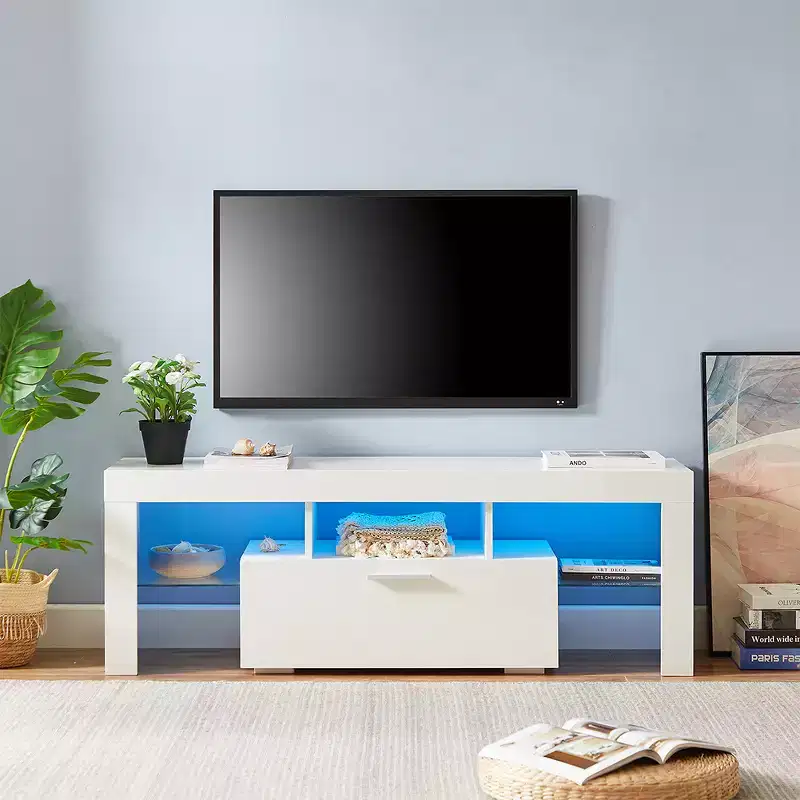 TV Stand with Remote Control LED Light Strip, 2 Drawers and Open Shelves for TVs up to 65