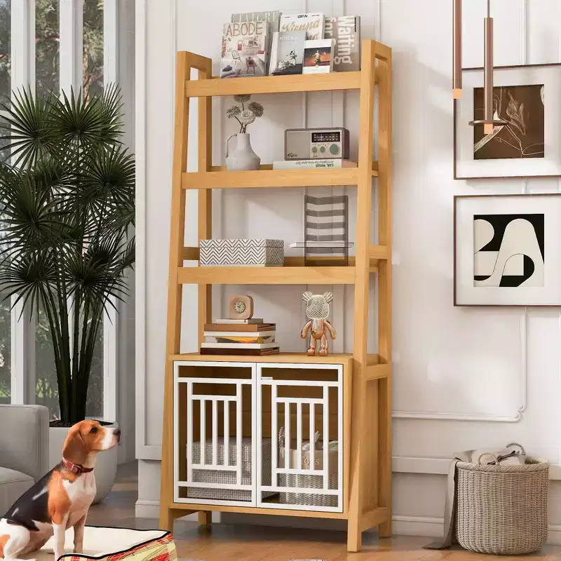 Okak Modern 2 In 1 Bookshelf, Multifunctional Ladder Bookshelves with Dog Crate, Tall Display Case for Living Room, Study Room, Ancient Oak