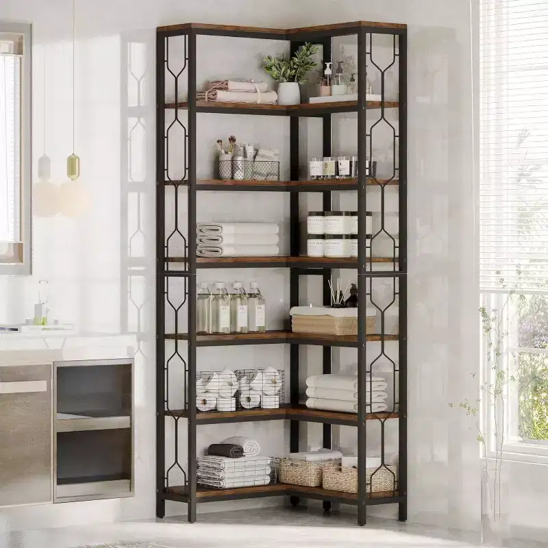 78. 74" 7 Tier Corner Bookshelf Wood Rustic Brown