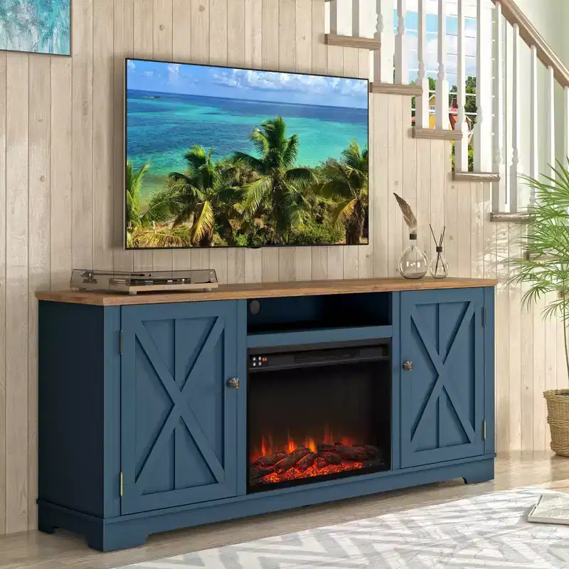 70" Farmhouse TV Stand for TVs up to 75" with Electric Fireplace Navy : Entertainment Center, Media Console