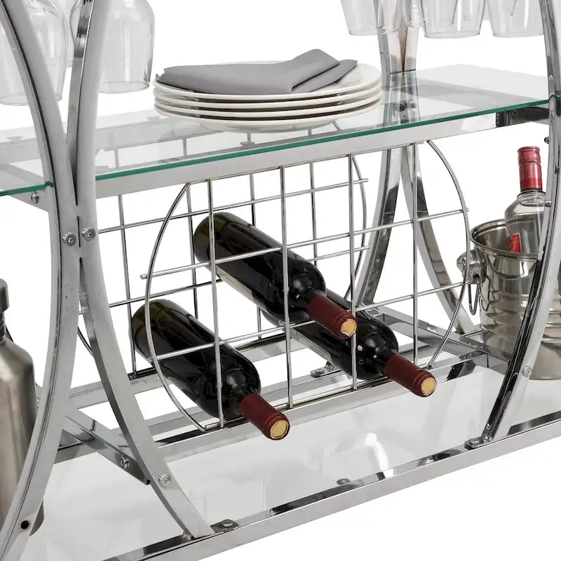 3-Tier Tempered Glass Rolling Bar Cart with Wine Rack and 16 Glass Holder