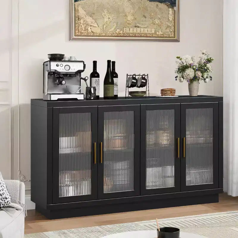 Black Buffet Sideboard Cabinet with 4 Glass Doors 鈥?55.1W, Adjustable Shelves