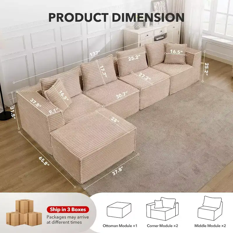 107/ 137 Modular Sectional Cloud Couch,Deep Seat Boneless Couch,Convertible Comfy Floor Sofas with Ottomans and Memory Foam