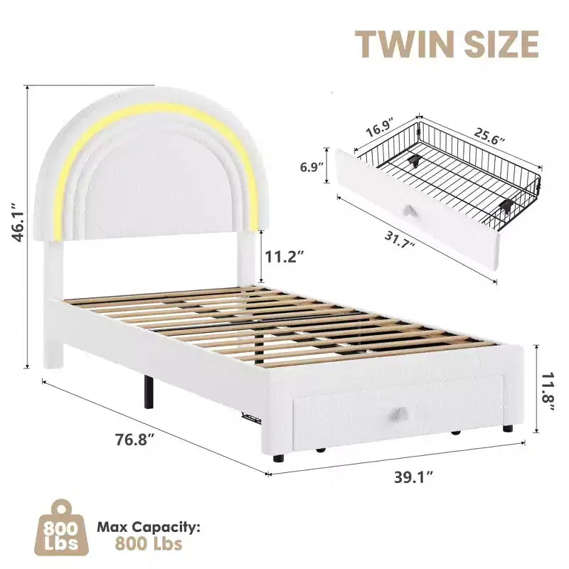 Twin Upholstered LED Bed Frame for Kids, Storage Drawer and Rainbow Headboard, Fleece Princess Platform Bed , Wood Slat Support, White