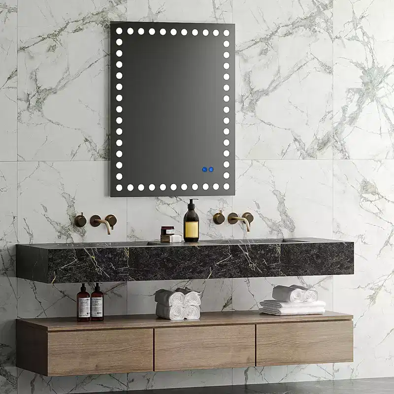 Bathroom Mirror with 3 White Front Circular Lights, Touch Dimming Switch Rectangular Mirror, Anti-Fog, Memory, Shatter-Proof Wall Vanity Mirror White