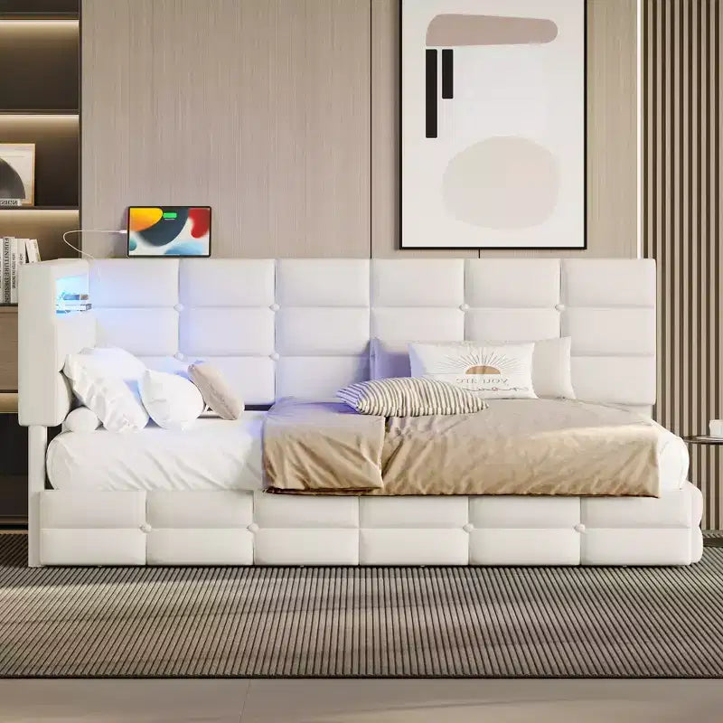 Upholstered Twin Daybed with 2 Storage Drawers, Charging Station, LED Lights and Headboard, Beige
