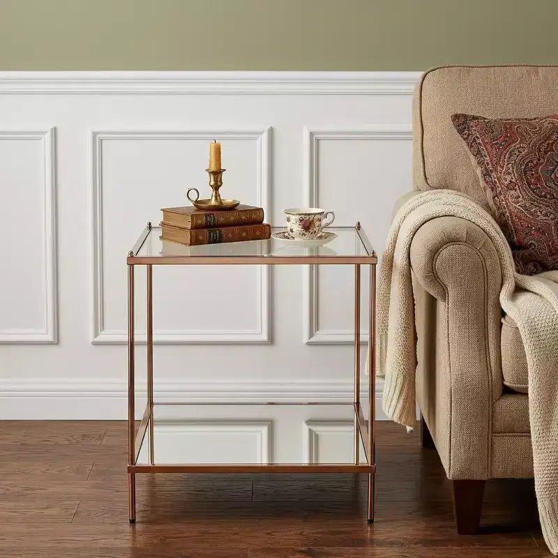 HomeRoots 22 Clear And Gold Glass And Iron Square End Table With Shelf