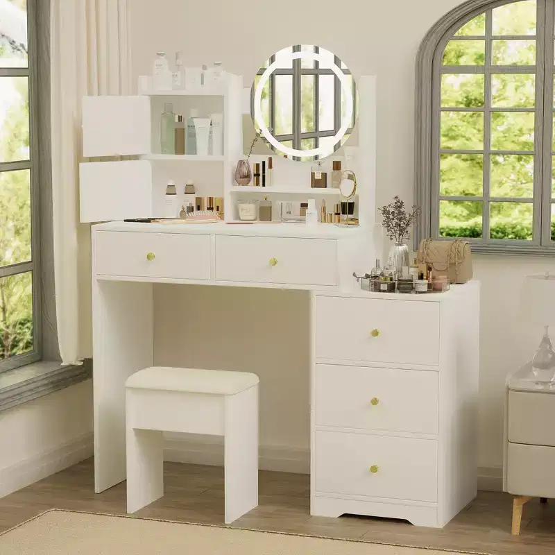 GDFStudio Carys Round Mirror Vanity Desk with Adjustable Lights, 1 Cushioned Chair and Multiple Storage Compartments