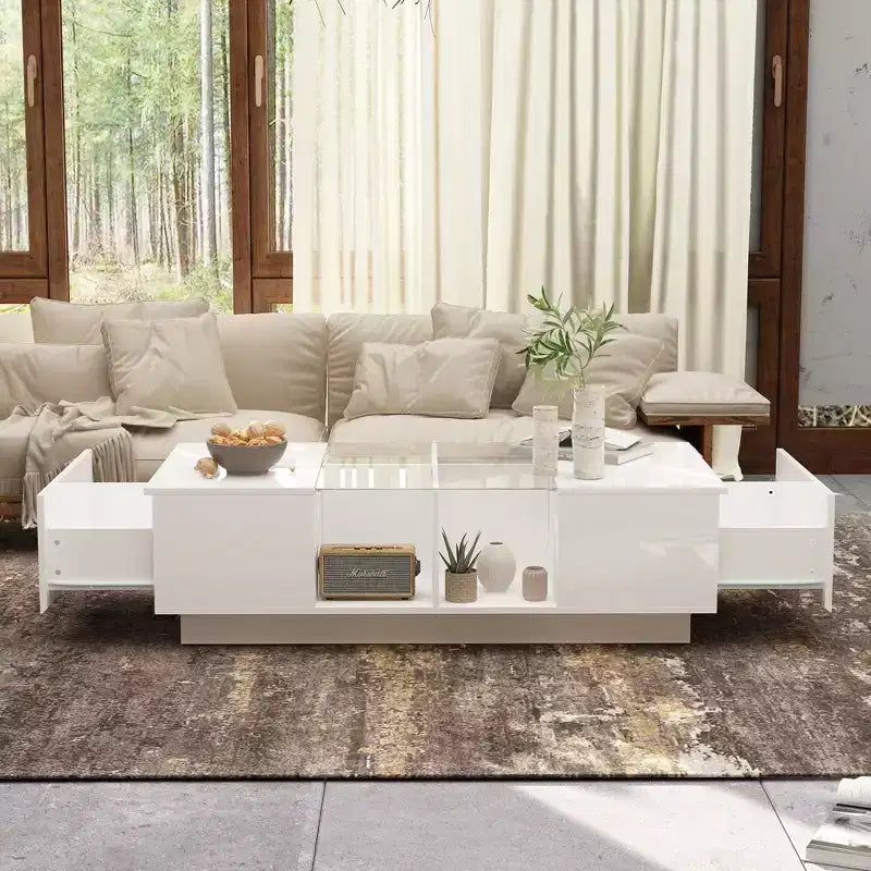White High-Gloss LED Coffee Table with Drawer & Open Compartments