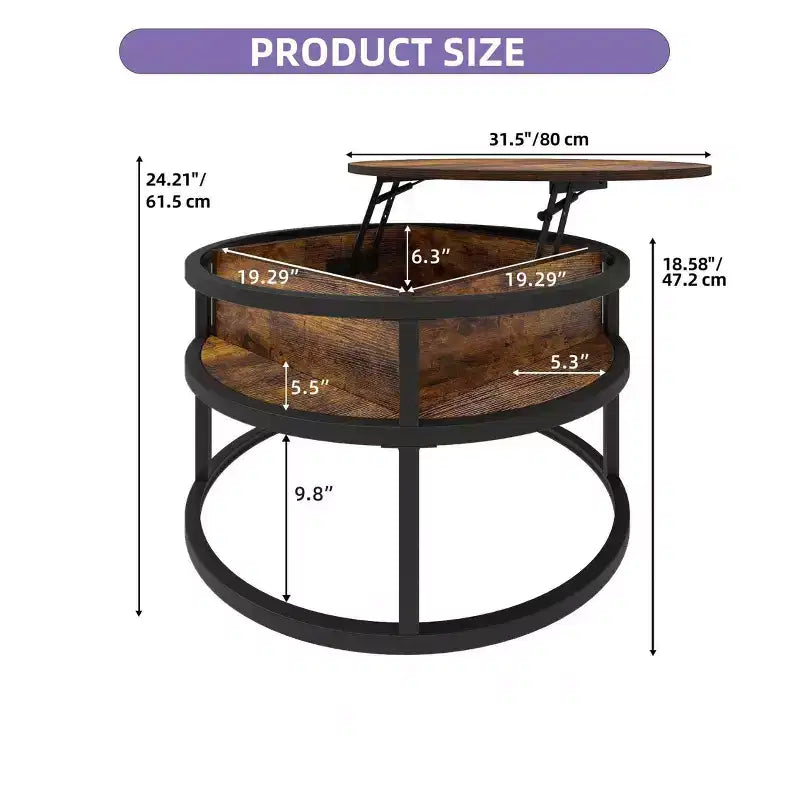 Round Lift Top Coffee Table with Storage and Hidden Compartment Small Circle Wood Farmhouse Center Table