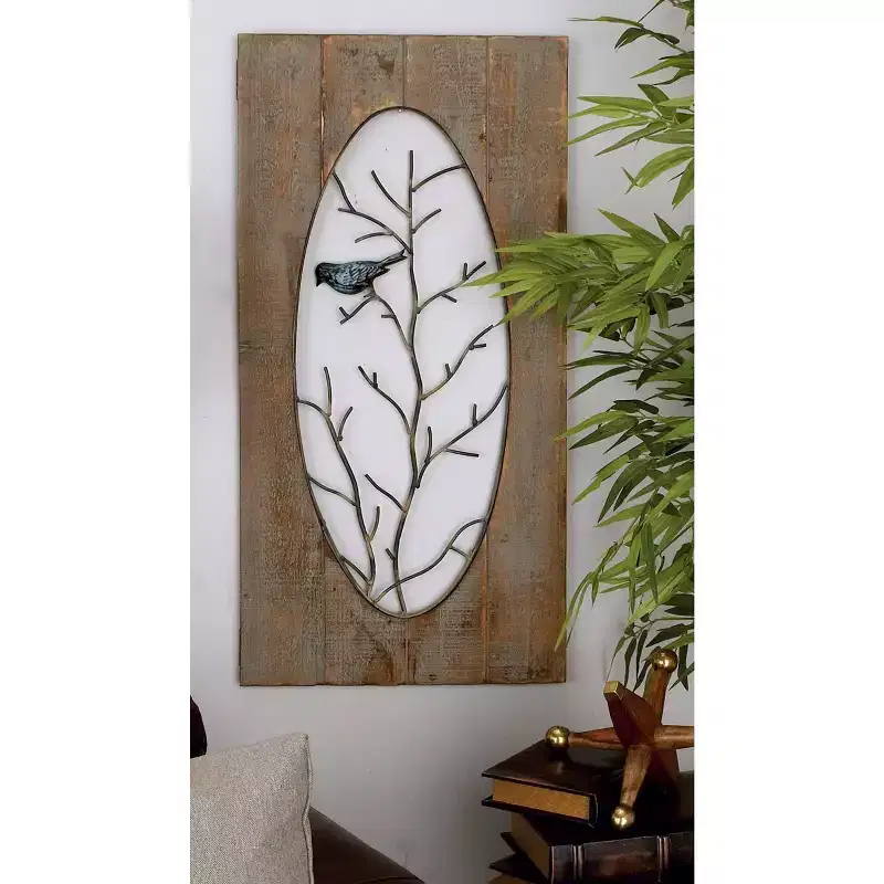 Set of 2 Wood Bird Wall Decors with Tree Branches Brown - Olivia & May: Rustic Style, Carved Animal Art, Vertical Orientation