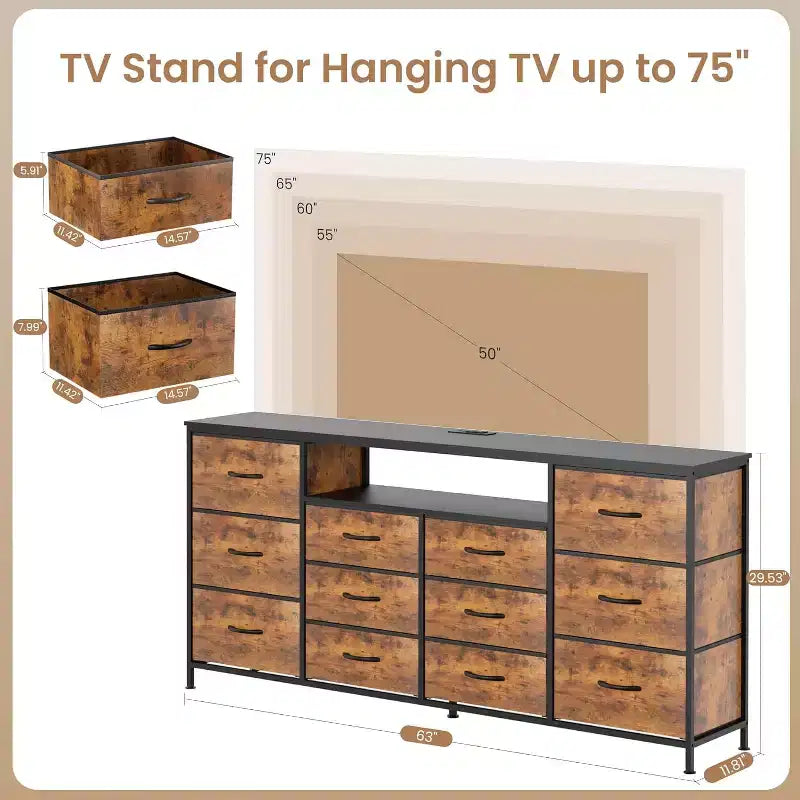 12 Drawer Dresser TV Stand for 65 70 75 Inch TV,63 W Extra Long White Dresser for Bedroom,Entertainment Center with Drawers,Fabric Drawers for Closet