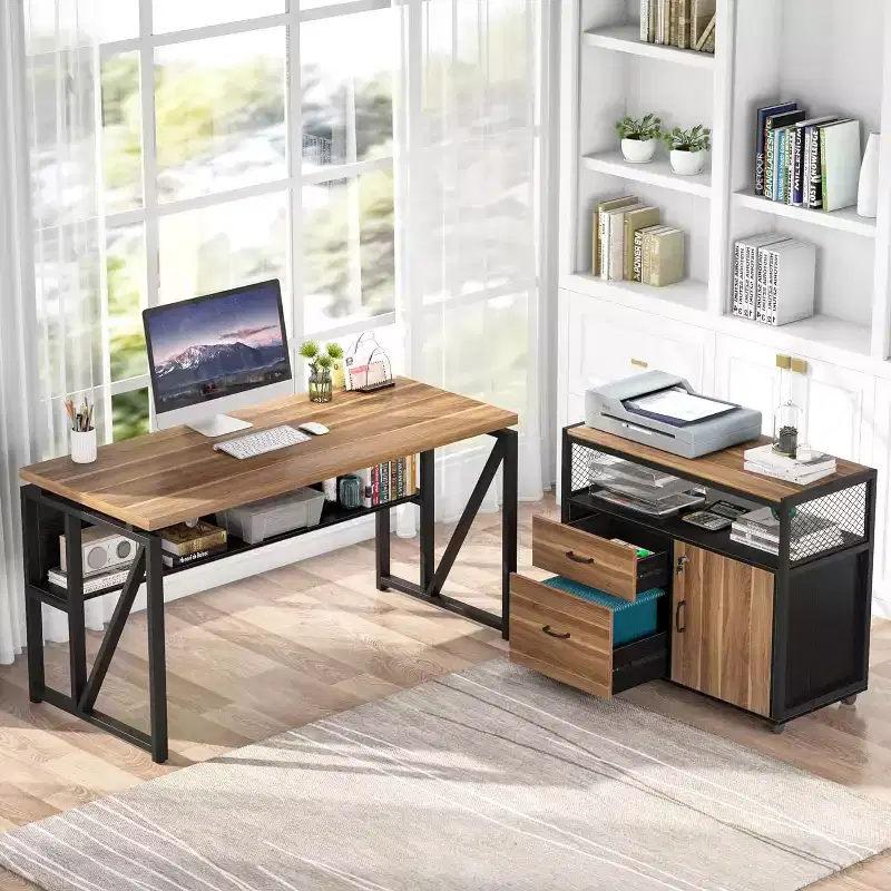 55-inch L Shaped Desk with Drawer Cabinet, Executive Computer Desk for Home Office