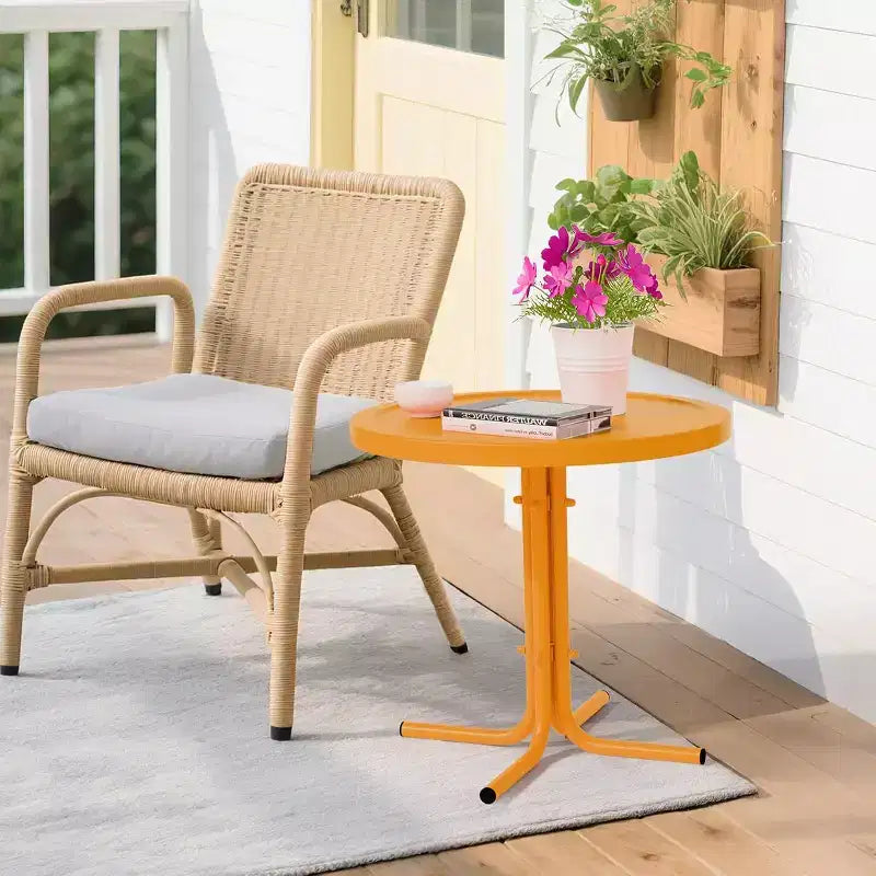 Round Outdoor Side Table for Patio, Deck & Garden  Weather-Resistant Metal Accent Table End Table with Vintage Style, Perfect for Drinks & Decor