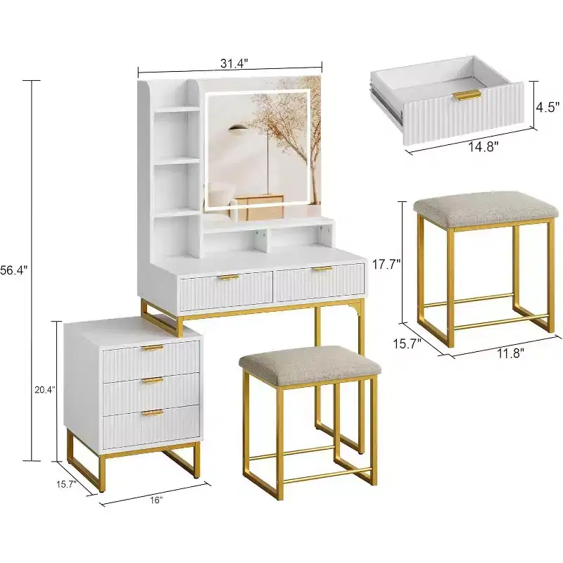 White Vanity Makeup Desk with Mirror and 3-Mode Adjustable Lights, 5-Drawer Vanity Table with Removable Side Storage Cabinet, Stool for Bedroom